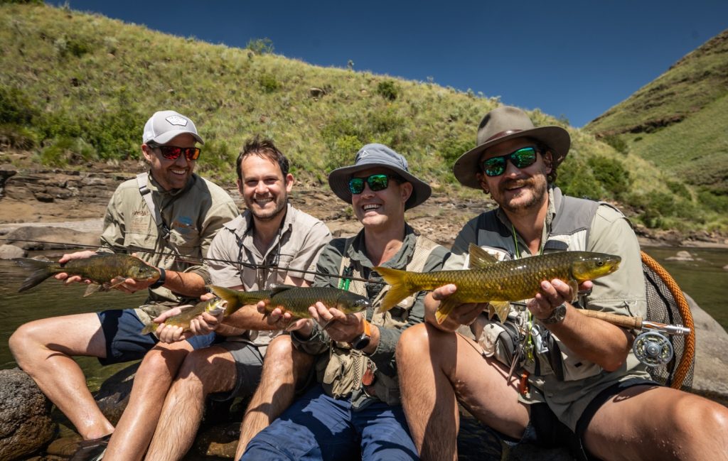 The team catching yellowfish on the Lesotho backcountry trophy trek.